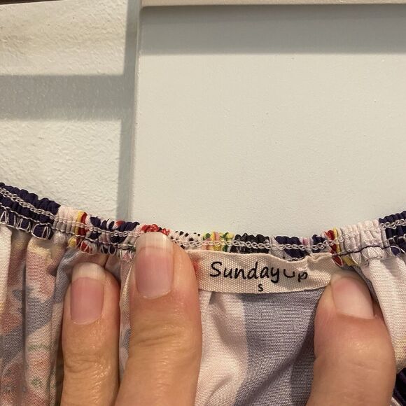 Boho Off Shoulder Maxi Dress Small Purple Geometric Folk Print Ruffle Festival - Picture 2 of 14